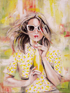 Illustration Öl auf Leinwand, Frau mit Sonnenbrille und Zitronenlimonade
